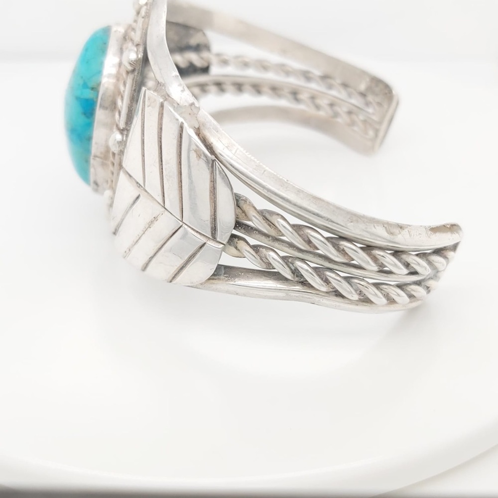 Vintage Sterling Silver Wide  Bangle Bracelet With Turquoise Stone - Picture 5 of 9